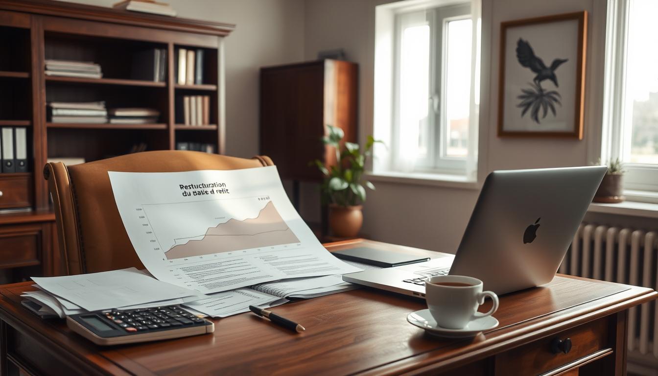 Un espace de bureau serein avec un grand bureau en bois encombré de documents financiers, d'une calculatrice et d'un ordinateur portable affichant un graphique de la baisse de la dette. Une douce lumière naturelle traverse une fenêtre, illuminant un dossier ouvert intitulé « Restructuration du crédit » à côté d'une tasse de café. En arrière-plan, une plante en pot ajoute une touche de verdure, et au mur, une œuvre d’art abstraite encadrée symbolisant la croissance et la stabilité.